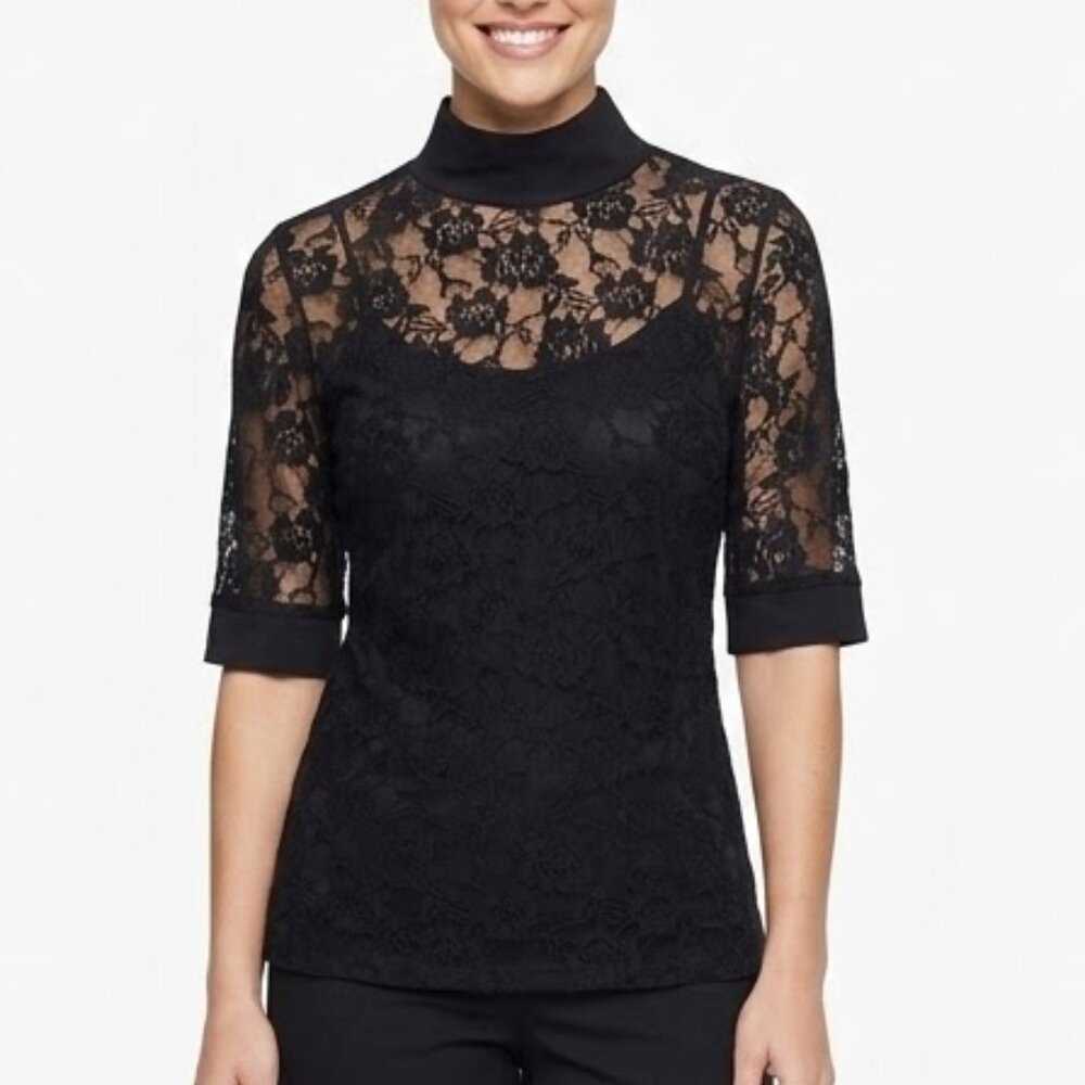 INCERUN Black Floral Lace Mock Neck Mesh Top Short Sleeve Sheer Shirt Plus 5XL